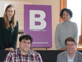 Breakout Project organizers, from left, Kalli Ringelberg, communications assistant, David Peralty, senior technical project manager, Grant Goodwin, CEO, and Natalie Lecomte Elwood, communications lead. (Wade Morris/For The Whig-Standard)