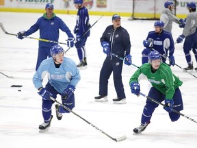 Members of the Sudbury Wolves run through some drills during team practice  in Sudbury, Ont. on Monday March 27, 2017. The Wolves host the Oshawa Generals on Tuesday for game 3 of the best of 7 playoff series, which is tied at 1 game each.Gino Donato/Sudbury Star/Postmedia Network