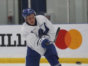 Leafs callup Kasperi Kapanen fires a puck at practice as the team prepares to face the Florida Panthers on Tuesday. (JACK BOLAND/Toronto Sun)