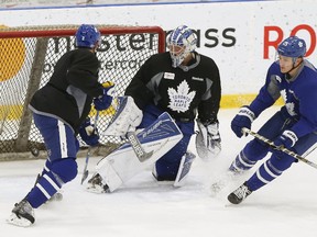 Maple Leafs goalie Frederik Andersen took in practice but left midway on on Monday, March 27, 2017. Backup Curtis McElhinney will get the start against the Panthers Tuesday night in Toronto. (Jack Boland/Toronto Sun)