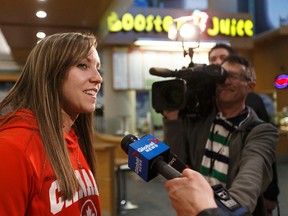 World curling championship winning skip Rachel Homan speaks to the media after arriving at Edmonton International Airport from China on Monday, March 27, 2017. (Ian Kucerak)
