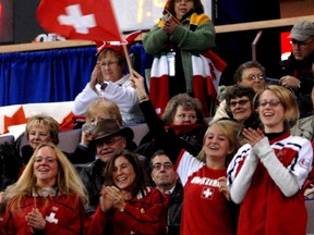 Swiss curling fans cheer on their team at the Ford World Men's Curling Championships in Edmonton on April 2, 2007. (Ed Kaiser)