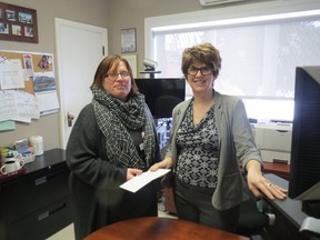 Nickel City Sound President Leanne Clendening-Purpur presented a $100 cheque to Kim Pelkman, Pioneer Manor manager of therapeutic services. Supplied photo