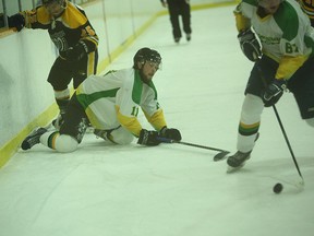 Emotions were high during the WOAA Senior “A” championship in Seaforth March 26. The Cents lost 10-5 to the Milverton Four wheel Drives. (Shaun Gregory/Huron Expositor)