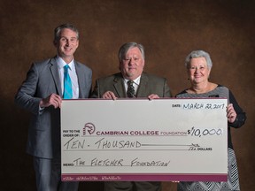Cambrian College President Bill Best, Carole and George Fletcher Foundation trustee David Saunders, and Cambrian Foundation Director Darlene Palmer took part in a presentation. The Carole and George Fletcher Foundation presented a $10,000 cheque on March 22 at the Cambrian College Foundation Awards Night. Supplied photo