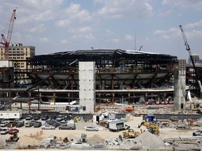 The Little Caesars Arena stands under construction in Detroit on Aug. 4, 2016. (Jeff Kowalsky/Bloomberg via Getty Images)