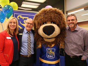 Yolanda Thibeault, executive director of the Sudbury Hospice Foundation, Scott Sonder, second left, regional vice-president of RBC's Northern Lakes, RBC's Leo the Lion and Leo Therrien, executive director of McCulloch Hospice, were on hand for the launch of the annual RBC Hike for Hospice in Greater Sudbury, Ont. on Tuesday March 28, 2017. John Lappa/Sudbury Star/Postmedia Network