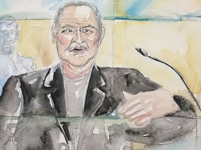 This courtroom sketch dated Tuesday, March 28, 2017, shows Venezuelan-born Ilich Ramirez Sanchez known as "Carlos the Jackal" during his trial at a Paris courthouse, France.  (Eliza Parmentier via AP)