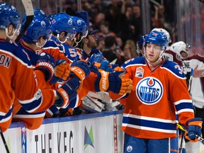 The Edmonton Oilers' Drake Caggiula (36) celebrates a goal against the Colorado Avalanche at Rogers Place in Edmonton on Saturday, March 25, 2017. (David Bloom)