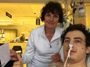 Canadian snowboarder Mark McMorris gives a thumbs up in hospital while recovering from multiple injuries following a crash while snowboarding in B.C.'s backcountry over the weekend. (Craig McMorris/Instagram)