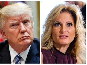 In this combination photo, President Donald Trump, left, listens during a meeting on healthcare in the Roosevelt Room of the White House, on March 13, 2017 in Washington and Summer Zervos, a former contestant on "The Apprentice" appears at a news conference in Los Angeles on Oct. 14, 2016, to announce claims that Trump made unwanted sexual contact with her at a Beverly Hills hotel in 2007. She sued after Trump dismissed as “fabricated and made-up charges.” Trump’s lawyers say he’s immune from defamation claims brought by Zervos. Lawyers said in a state Supreme Court filing Monday, March 27, 2017, they’ll formally ask for a dismissal or a suspension of the claims until he leaves office. (AP Photos/Pablo Martinez Monsivais, left, and Ringo H.W. Chiu, Files)