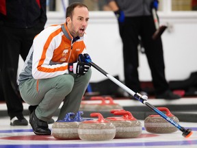 Norway skip Markus Hoiberg yells instructions during a game against Saskatchewan's Team Hartung at the Direct Horizontal Drilling Fall Classic at the Crestwood Curling Club in Edmonton on Oct. 11, 2015. (David Bloom)