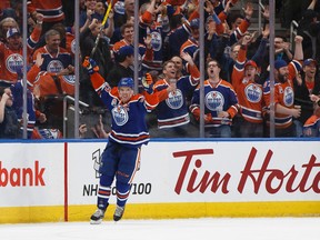 Edmonton Oilers captain Connor McDavid celebrates a goal against the L.A. Kings at Rogers Place in Edmonton on Tuesday, March 28, 2017. (Ian Kucerak)