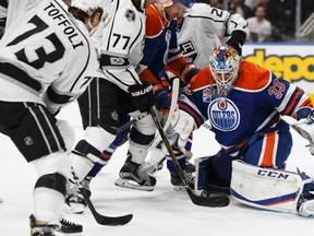 Edmonton Oilers goalie Cam Talbot (33) makes a save against the L.A. Kings at Rogers Place in Edmonton on Tuesday, March 28, 2017. (Ian Kucerak)