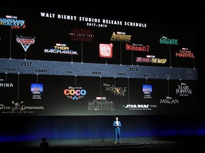 Dave Hollis, executive vice president of theatrical exhibition sales and distribution for Walt Disney Studios, speaks underneath a timeline of upcoming film releases during their presentation at CinemaCon 2017 at Caesars Palace on Tuesday, March 28, 2017, in Las Vegas. (Chris Pizzello/Invision/AP)