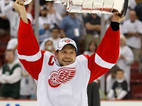 Nicklas Lidstrom of the Detroit Red Wings celebrates with the Stanley Cup after defeating the Pittsburgh Penguins in game six of the 2008 NHL Stanley Cup Finals at Mellon Arena on June 4, 2008 in Pittsburgh. The Red Wings defeated the Penguins 3-2 to win the Stanley Cup Finals 4 games to 2. (Dave Sandford/Getty Images)