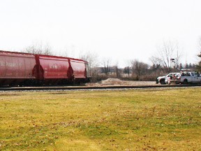 The train currently derailed in Clinton. (Justine Alkema/Clinton News Record)