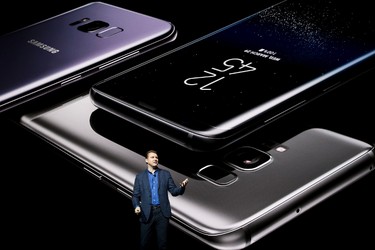 Justin Denison, senior vice-president of product strategy at Samsung, speaks about the new features on the Samsung Galaxy S8 during a launch event for the smartphone, March 29, 2017 in New York City.  (Drew Angerer/Getty Images)