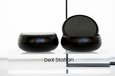 The Samsung DeX dock is on display after a news conference to announce new products, Wednesday, March 29, 2017, in New York. (AP Photo/Mary Altaffer)