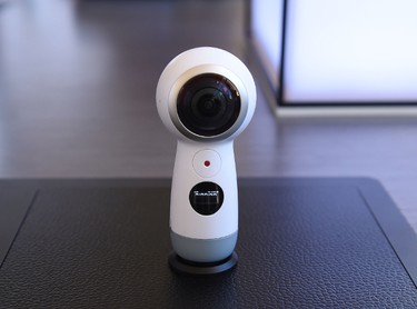 The new version of the Samsung Gear 360 camera is on display during a launch event for the Samsung Galaxy S8, on March 29, 2017 in New York.
(TIMOTHY A. CLARY/AFP/Getty Images)