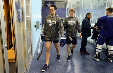 Toronto Maple Leafs Auston Matthews and Morgan Rielly (R) did some shooting drills before returning to the dressing room. They didn't skate but worked out as part of the optional skate in preparation for their final three-game road trip of the season which starts Thursday against the Nashville Predators on Wednesday March 29, 2017. Jack Boland/Toronto Sun/Postmedia Network