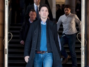 Prime Minister Justin Trudeau leaves Centre Block following a weekend meeting of the national caucus on Parliament Hill in Ottawa on Saturday, March 25, 2017.