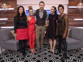 Actor Ryan Reynolds (centre) appears on the television show "The Social" with co-hosts (left to right) Lainey Lui, Melissa Grelo, Cynthia Loyst and Marci Ien. Former "Canada AM" host Ien has found a new home on the CTV talk show "The Social." (THE CANADIAN PRESS/HO-Bell Media)