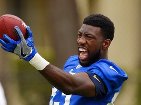 Former Rams wide receiver Brian Quick catches a pass as part of a drill during NFL practice in Oxnard, Calif on June 14, 2016. The NFL's computer-chips-in-balls experiment will continue in 2017. (Mark J. Terrill/AP Photo/Files)