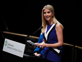 In this March 28, 2017 file photo, Ivanka Trump speaks at the Smithsonian's National Air and Space Museum in Washington. Ivanka Trump announced Wednesday, March 29, 2017, that she will serve as an unpaid employee in the White House. She said she has “heard the concerns some have with my advising the President in my personal capacity.” (AP Photo/Manuel Balce Ceneta, File)