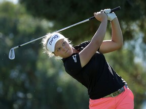 Smiths Falls’ Brooke Henderson plays a tee shot on the 17th hole during a practice round in Rancho Mirage, Calif., Wednesday. (Getty Images)