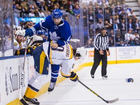 Toronto Maple Leafs Nazem Kadri and Nashville Predators Filip Forsberg during 3rd period action at the Air Canada Centre in Toronto, Ont. on November 15, 2016. (Ernest Doroszuk/Toronto Sun)