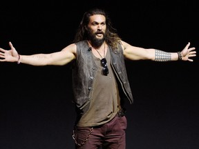 Jason Momoa, a cast member in the upcoming films ‘Justice League’ and ‘Aquaman,’ addresses the audience during the Warner Bros. Pictures presentation at CinemaCon 2017 at Caesars Palace on Wednesday, March 29, 2017, in Las Vegas. (Chris Pizzello/Invision/AP)