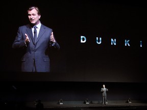 Christopher Nolan, director of the upcoming film "Dunkirk," discusses the film onstage during the Warner Bros. Pictures presentation at CinemaCon 2017 at Caesars Palace on Wednesday, March 29, 2017, in Las Vegas. (Photo by Chris Pizzello/Invision/AP)