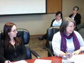 Director of planning and development Jenine Loberg (left) and manager of planning and development Wendy Grimstad-Davidson discussing ways to enforce the town's Land Use Bylaws at the March 20 policies and priorities meeting (Jeremy Appel | Whitecourt Star).