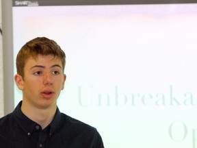 Joshua Tillson, 16, speaks during a press conference to announce the Unbreakable Spring Open, a run to raise awareness of teen depression and promote mental wellness, at Lo-Ellen Park Secondary School on Thursday. Ben Leeson/The Sudbury Star/Postmedia Network