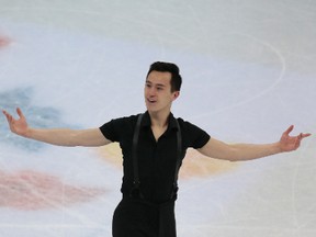 Patrick Chan reacts after skating his short program at the World Figure Skating Championships in Helsinki, Finland, on Thursday, March 30, 2017. (Ivan Sekretarev/AP Photo)