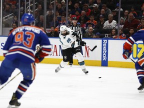 San Jose Sharks defenceman Brent Burns unloads a slap shot against the Edmonton Oilers at Rogers Place in Edmonton on Jan. 10, 2017. (Ian Kucerak)