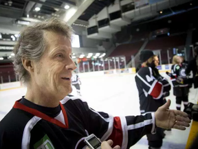 Blue Rodeo's Jim Cuddy spoke to media while Canadian music celebrities and hockey stars came together at TD Place arena Thursday March 30, 2017 for a practice a day before the big Juno Cup hockey game. Ashley Fraser/Postmedia