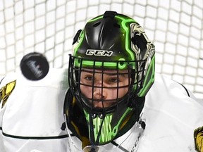 London Knights goaltender Tyler Parsons keeps his eye on the puck during playoff action at the WFCU Centre in Windsor, Ontario on March 30, 2017. (JASON KRYK/Windsor Star)
