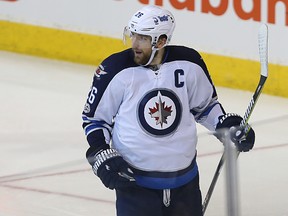 Winnipeg Jets captain Blake Wheeler celebrates his third-period goal against the Anaheim Ducks in Winnipeg on Thurs., March 30, 2017.  He says the team needs to make the leap into the playoffs this season. Kevin King/Winnipeg Sun/Postmedia Network