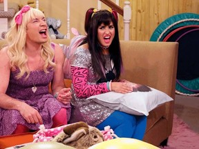 Jimmy Fallon and Demi Lovato play teen girls in a "The Tonight Show" skit. (Handout)