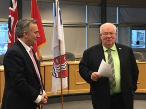 Submitted photo
MP Neil Ellis and Quinte West mayor Jim Harrison talk after a federal funding announcement of $169,941 for public transit in the community. Ellis also announced $133,200 for the refurbishing on Benson Park in Picton.