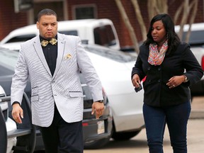 Derrick Stafford, left, one of two deputies charged with second-degree murder in the death of Jeremy Mardis arrives at the Avoyelles Parish courthouse for jury selection for his trial, in Marksville, La., Monday, March 13, 2017. (AP Photo/Gerald Herbert)