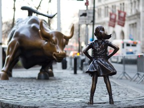 In this March 22, 2017 photo, the Charging Bull and Fearless Girl statues are sit on Lower Broadway in New York. Since 1989 the bronze bull has stood in New York City's financial district as an image of the might and hard-charging spirit of Wall Street. But the installation of the bold girl defiantly standing in the bull's path has transformed the meaning of one of New York's best-known public artworks. Pressure is mounting on the city to let the Fearless Girl stay. (AP Photo/Mark Lennihan