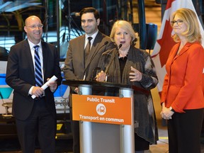 London Mayor Matt Brown, MP Peter Fragiskatos, MPP Deb Matthews, and MP Kate Young, l-r, during a press conference at LTC head office to announce new funding for rapid transit on Friday March 31, 2017. (MORRIS LAMONT, The London Free Press)