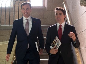 Finance Minister Bill Morneau and Prime Minister Justin Trudeau hold copies of the federal budget on their way to the House of Commons in Ottawa, Wednesday, March 22, 2017. (THE CANADIAN PRESS/Adrian Wyld)