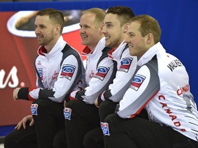 Team Canada posing for a photo after practise, Skip Brad Gushue, Mark Nichols, Brett Gallant and Geoff Walker during the World Men's Curling Championship at the Coliseum in Edmonton, Friday, March 31, 2017.