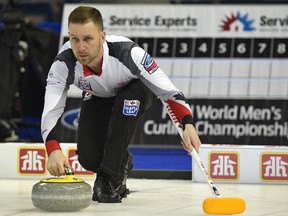 Skip Brad Gushue, wearing the Team Canada uniform since the 2006 Olympics, practising with the rest of his squad at the Coliseum in Edmonton, Friday, March 31, 2017.