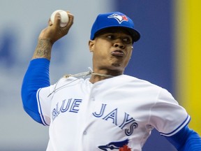 Blue Jays starting pitcher Marcus Stroman works against the Pirates during second inning preseason MLB action in Montreal on Friday, March 31, 2017. (Paul Chiasson/The Canadian Press)