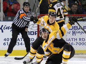 Kingston Frontenacs Ryan Cranford, front, and Sergey Popov celebrate the first goal in Game 5 of their Ontario Hockey League Eastern Conference quarter-final against the Hamilton Bulldogs at the Rogers K-Rock Centre on Friday, March 31. (Ian MacAlpine/The Whig-Standard/Postmedia Network)